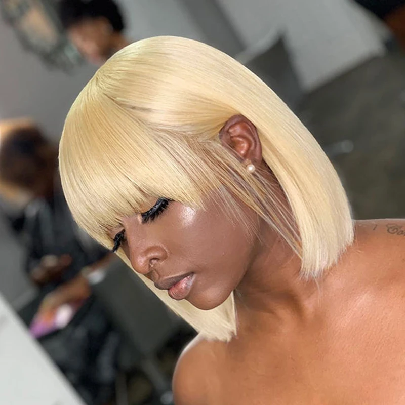 613 Blonde Straight Short Bob Wigs With Bangs for Black Women Brazilian Remy Human Hair Wigs Full Machine Made Glueless Fringe