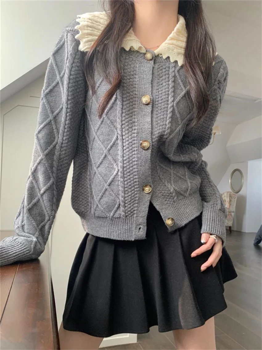 

HziriP Grey Coats Sweet OL Women Knitwear Peter Pan Collar Chic Office Lady Cardigans Autumn Streetwear Loose All Match Sweaters