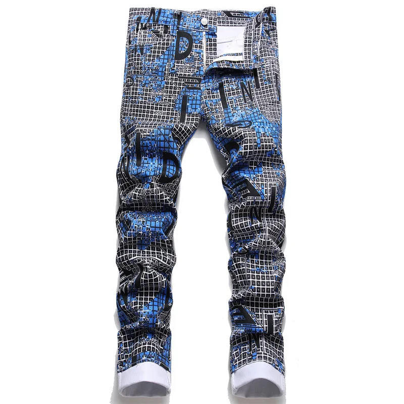 

High Quality Men's Fashion Brand Men‘s Printed Plaid Pants Fashion Slim Stretch Jeans Mid-waist Casual Straight Trousers