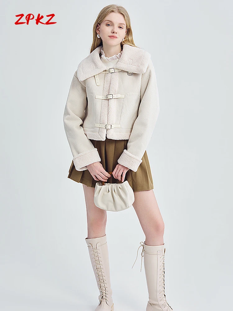

ZPKZ Lamb Wool Women Winter Coat Beige Lapel Elegant Luxury Sense Thickened Single-Breasted Female Warm Outwear