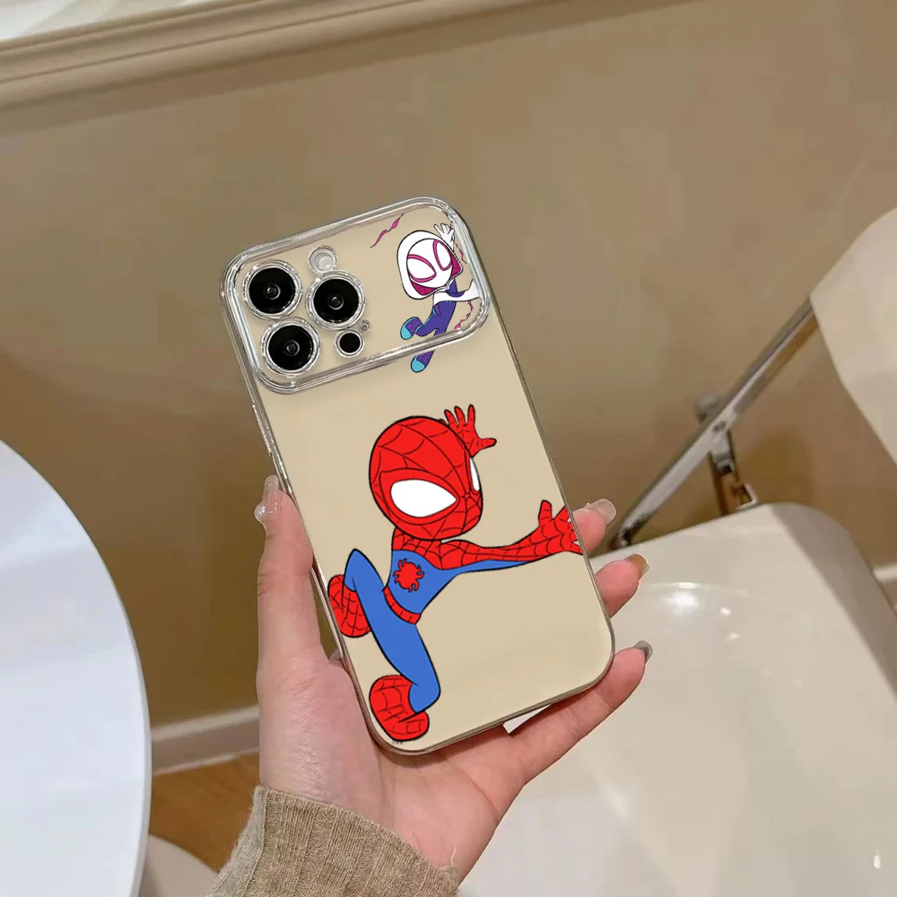 Phone Case For iPhone MINISO S-Spiders M-Man Couple 12 11 13 14 15 16 Max Pro Plus Electroplated Large Window Lens