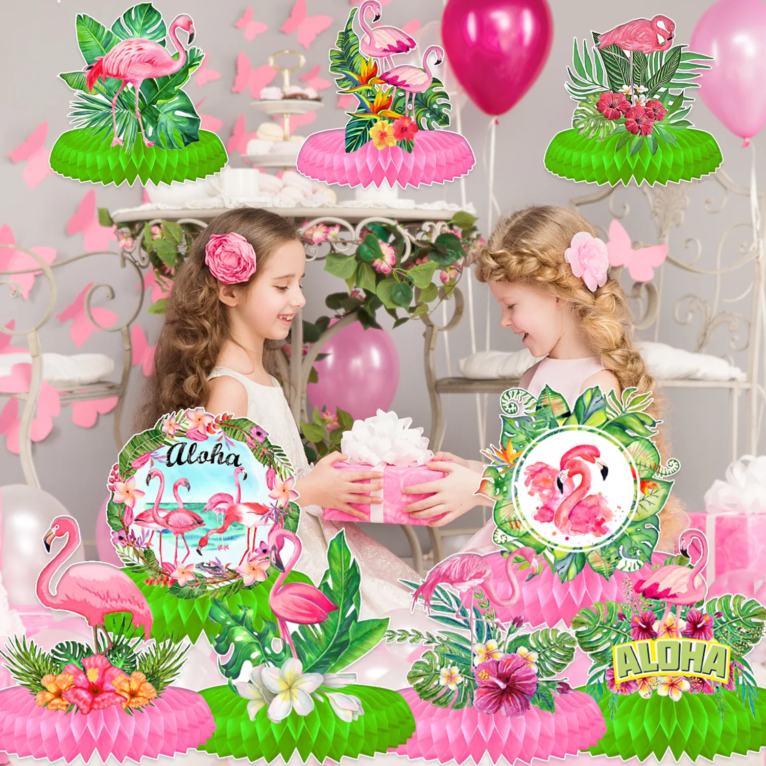 

9pcs Pink Flamingo Turtle Leaf Honeycomb Table Top Decoration Hawaii Party Lets Flamingo Party Hawaiian Aloha Party Decor
