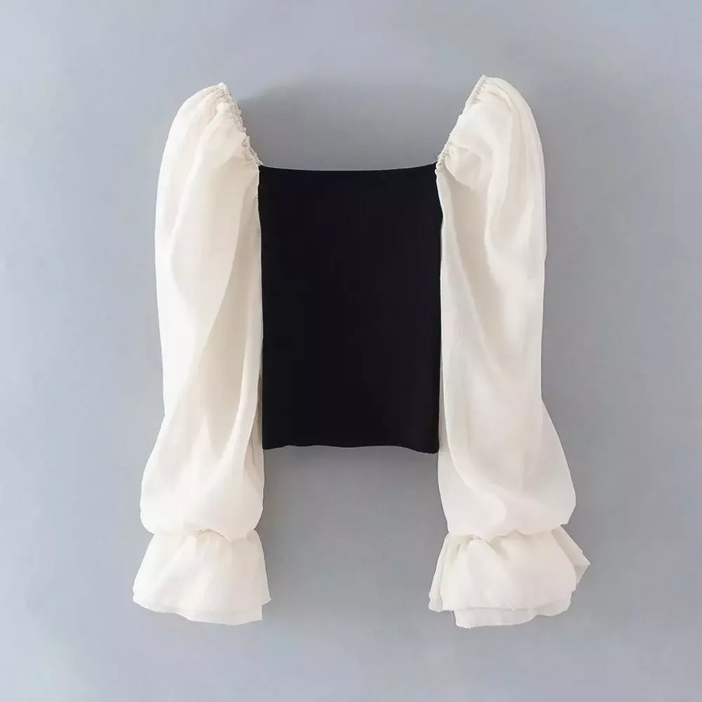 

Женская элегантная повседневная трикотажная блузка из органзы с пышными рукавами в стиле пэчворк, Женская шикарная рубашка с квадратным во...