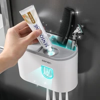 bathroom accessories sets toothbrush holder automatic toothpaste dispenser wall mount toothpaste squeezer storage rack organizer