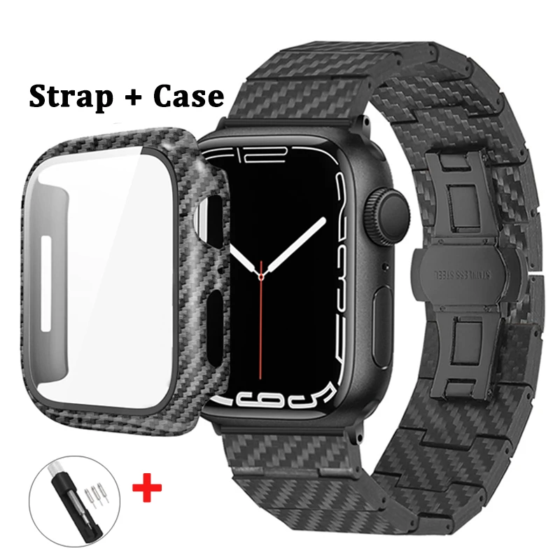 Carbon Fiber Pattern Strap For Apple Watch Case Band 45mm 44mm 41mm 40mm Lightweight Link Bracelet belt for IWatch 7 6 SE 5 4