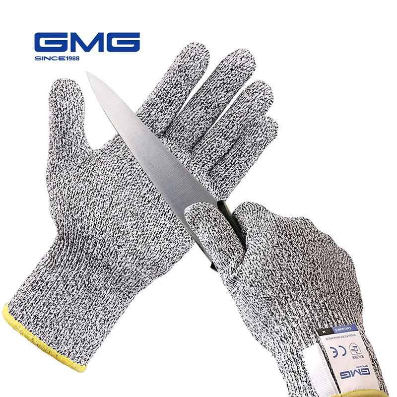 

Anti Cut Proof Gloves Hot Sale GMG Grey Black HPPE EN388 ANSI Anti-cut Level 5 Safety Work Gloves Cut Resistant Gloves