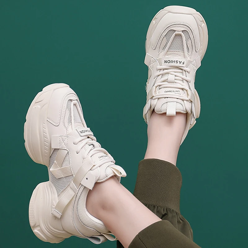 5.5cm Air Mesh Genuine Leather 2023 Women Summer Hollowing Soft Sole Platform Wedge Fashion Chunky Ladies Sneakers Woman Shoes