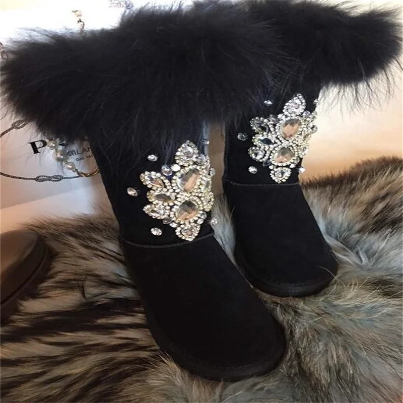 

Large size fox fur leather handmade custom gem crystal high boots snow boots women's boots 35-44