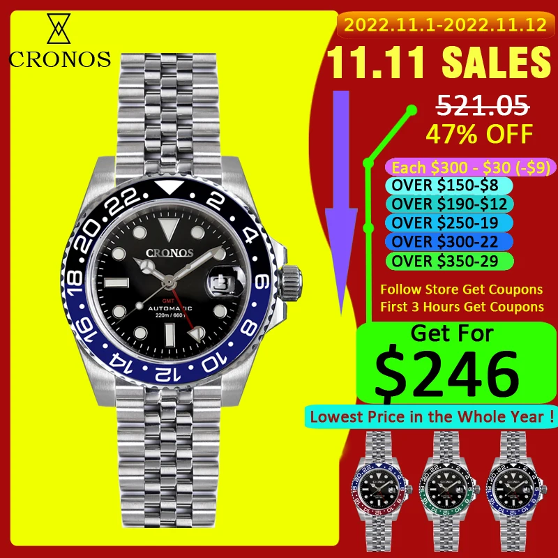 Купить Часы Cronos GMT мужские, двунаправленные, с сапфировым циферблатом, однотонные, 5 звеньев, металлический браслет BGW-9