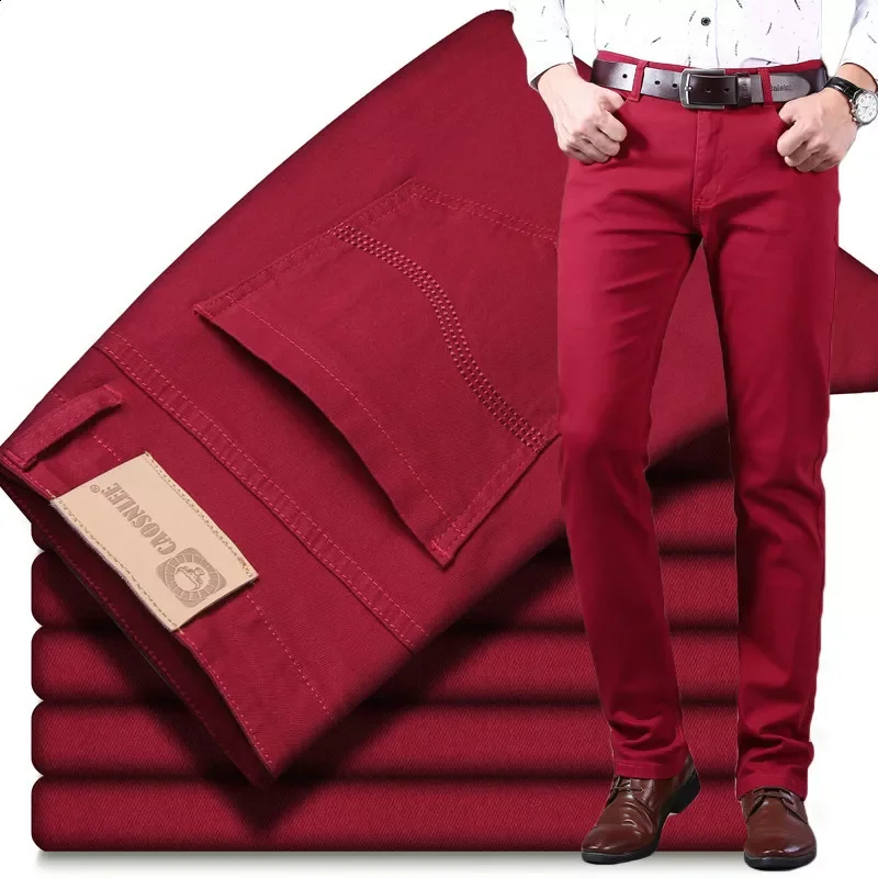

2023New and summer men's wine red jeans fashion casual boutique business casual straight denim stretch trousers men's br