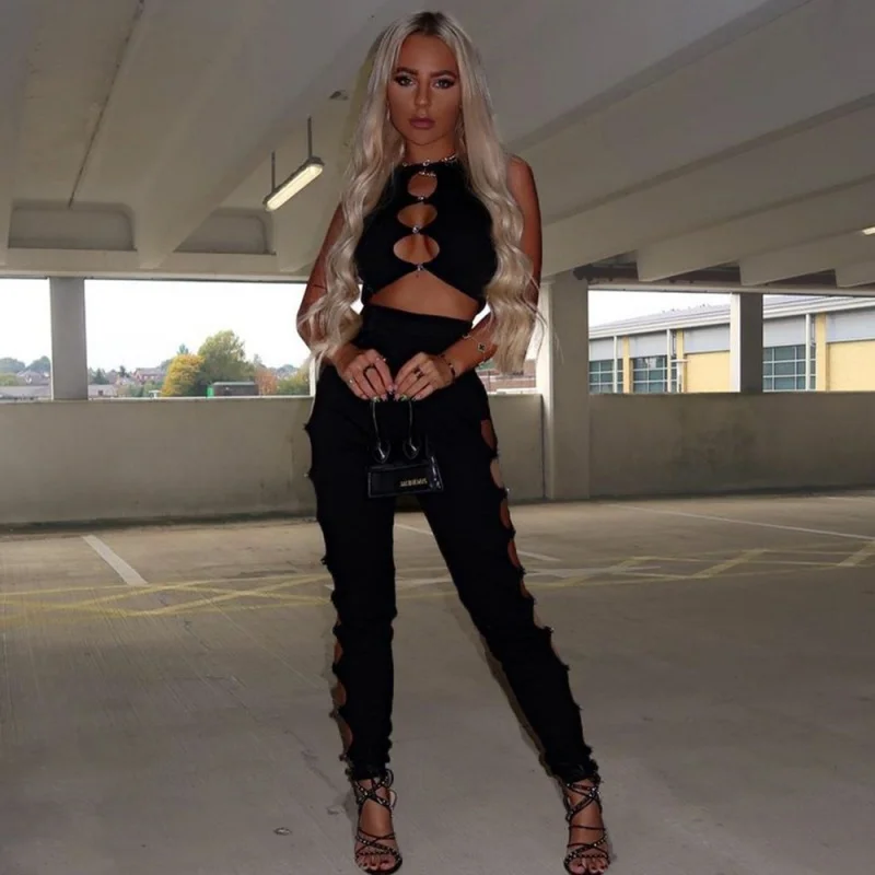 

Hot Sexy Hollow Out Two Piece Sets Women Outfits Sleeveless Tank Top And Pencil Pants Night Party Clubwear Matching Sets New