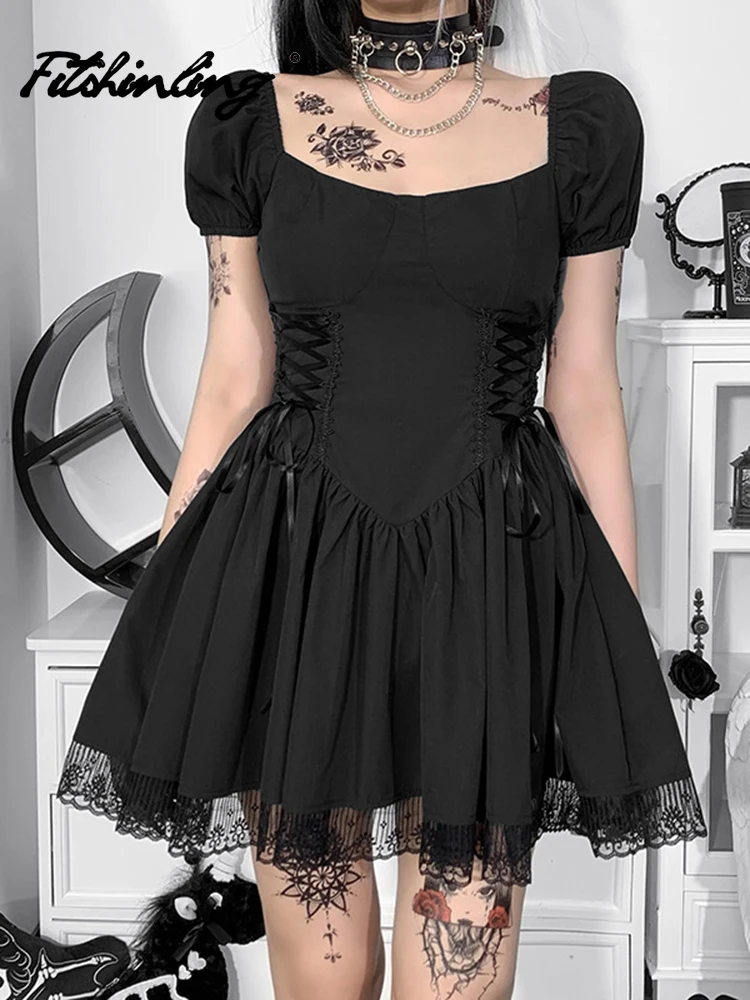 

Fitshinling Gothic Puff Sleeve Lace Up Ball Gown Sweet Dark Dress Goth Punk Lace Trim Dresses Mini Vestido Feminino Street Style