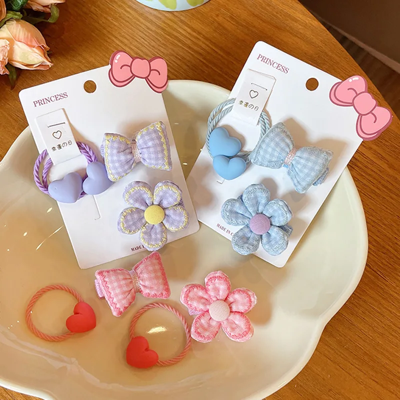 

4 шт./компл. милые резинки для волос с цветочным бантом и сердцем, детские заколки для волос, модные аксессуары для волос