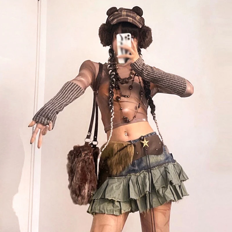 Женский вязаный сетчатый топ пуловер с длинными рукавами