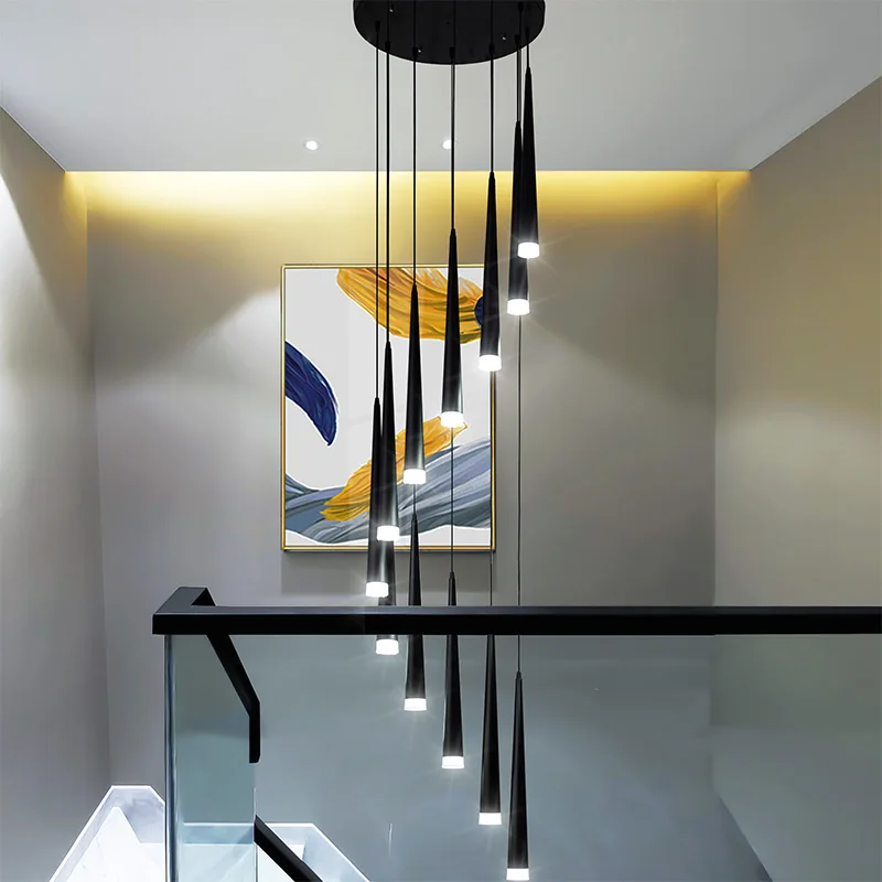 Stair long chandelier modern minimalist light luxury living room dining room light duplex building loft villa rotating light
