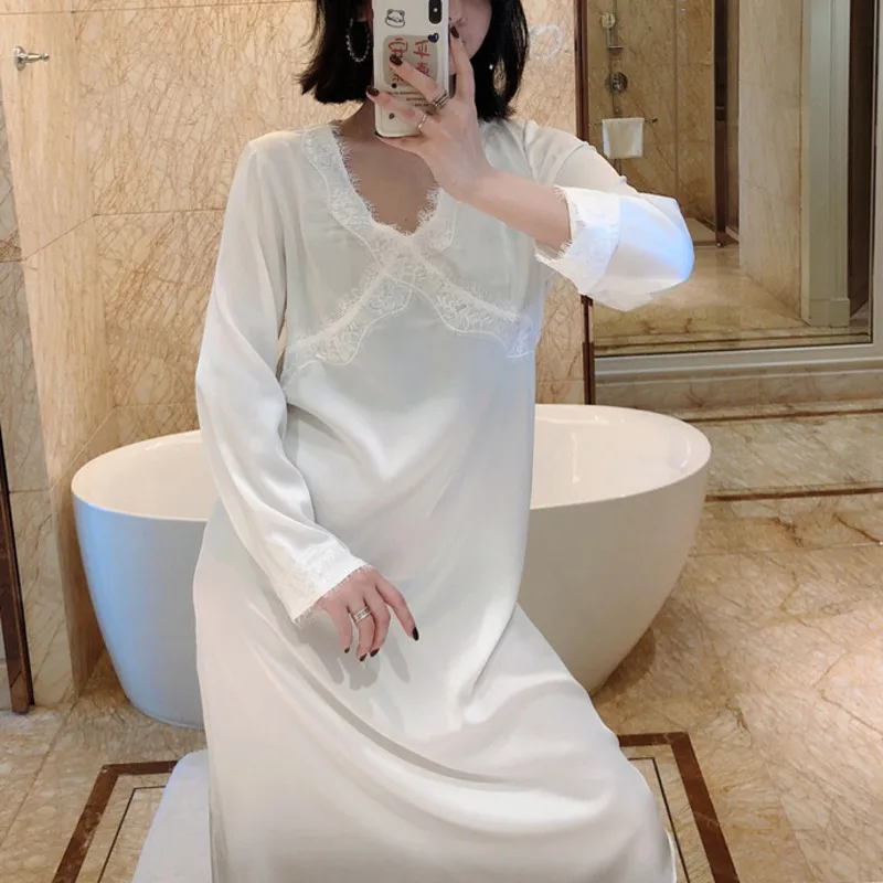

Spring Satin Nightdress Women Lace Faux Silk Long Sleeve V-Neck Sleepshirt French Court Style Nightgowns Sexy Home Dressing Gown