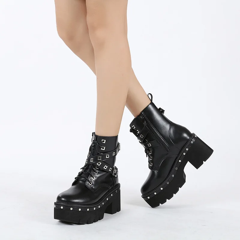 

2023 Gothic Black Ankle Boots For Women 8CM High Heel Female Shoes Lace-Up Nigh Club Black Sexy Rivets Short Boots