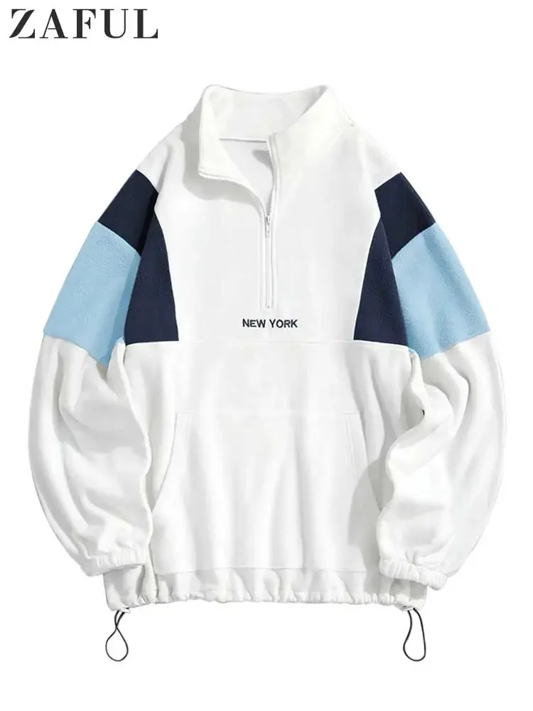 

Hoodie for Men Fluffy Polar Fleece Sweatshirts New York Embroidery Turtleneck Hoodies Pullover Color Block Zipper Sweats