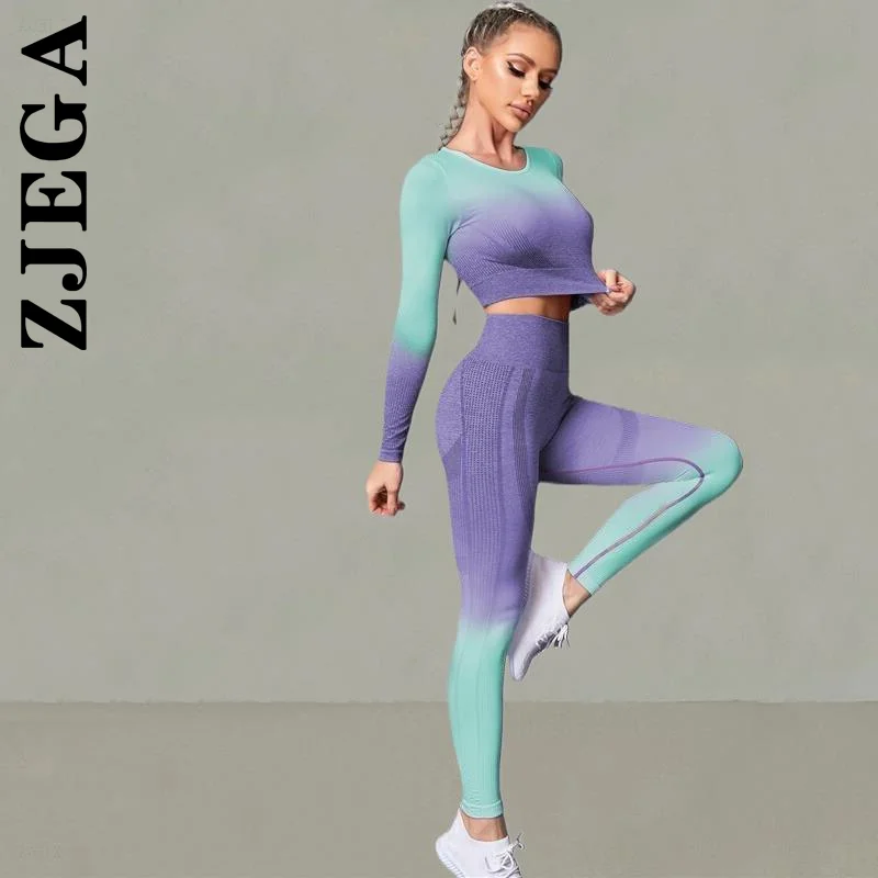 

Zjega Women Seamless Gym Fitness Yoga Set Push Up Leggings Scrunch Workout Set Gradient Sport Wear Women Female Gym Clothing