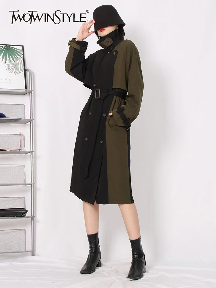 

TWOTWINSTYLE Elegant Sashes Trench Coat For Women Lapel Long Sleeve Patchwork Colorblock Loose Coats Female Spring Clothing 2022