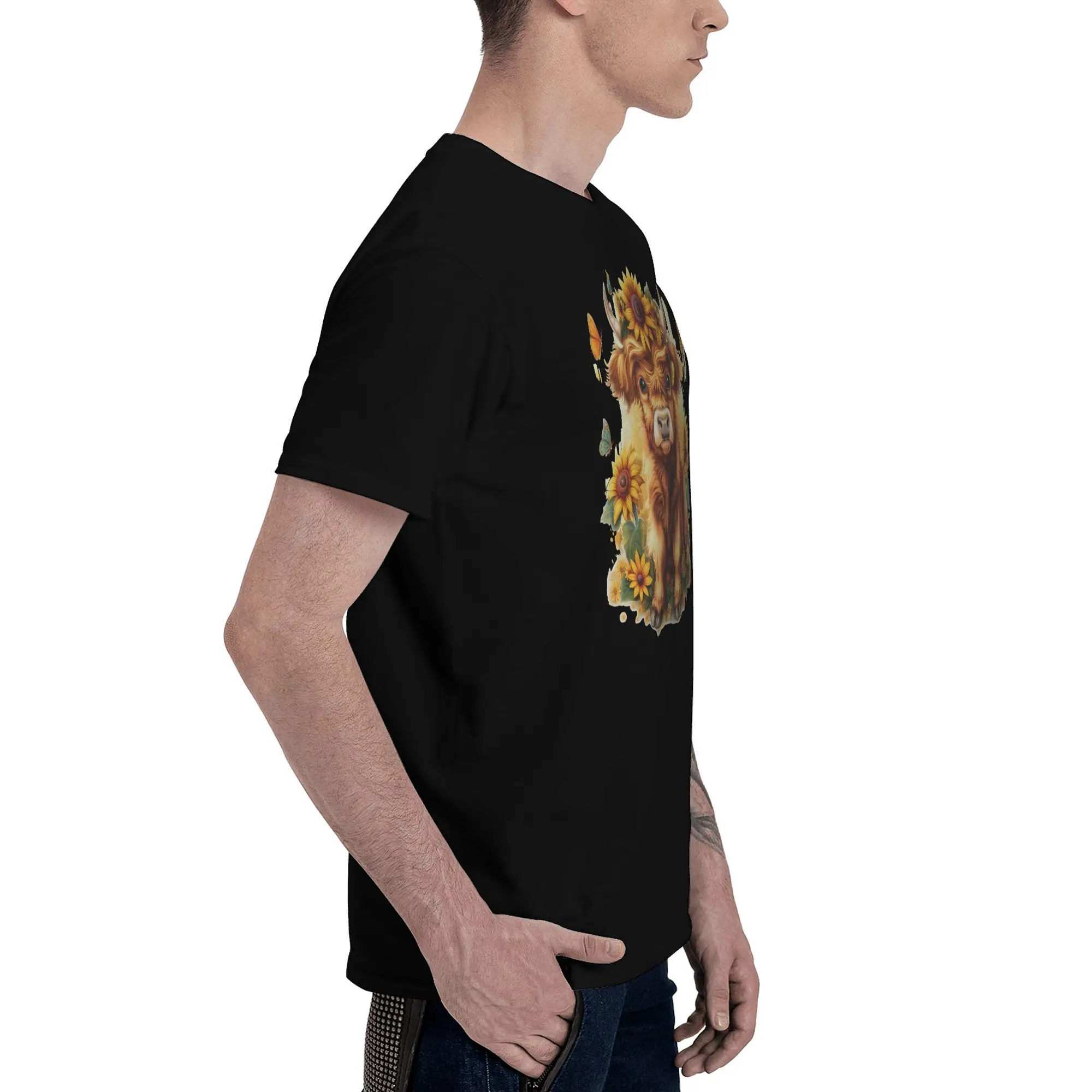Мужская футболка Highland Cow с подсолнухом и бабочкой повседневная рваная круглая