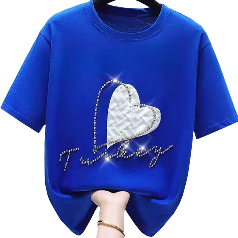 Свободная Корейская летняя модная футболка с бисером в Королевском синем стиле