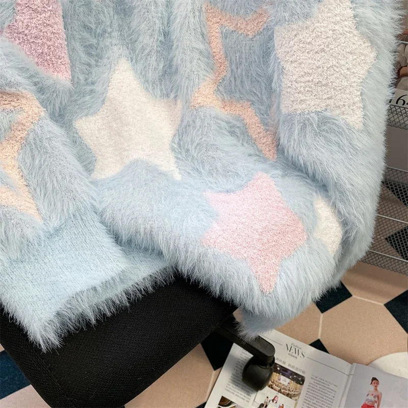 Шикарные синие свитера со звездным принтом женские кашемировые пуловеры из