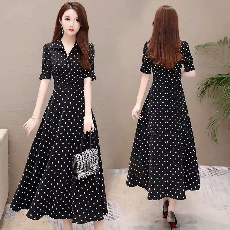

2023 New Summer Elegant Short Sleeve Polka Dot Dress Women's Clothing Summer Korean Slim Large Size Chiffon Dress Vestidos AC136