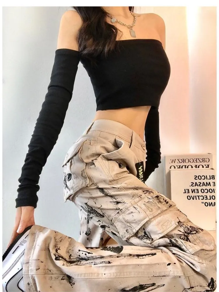 

High waist trousers tie dye butterfly pattern overalls autumn new simple straight loose hot girl trend high street