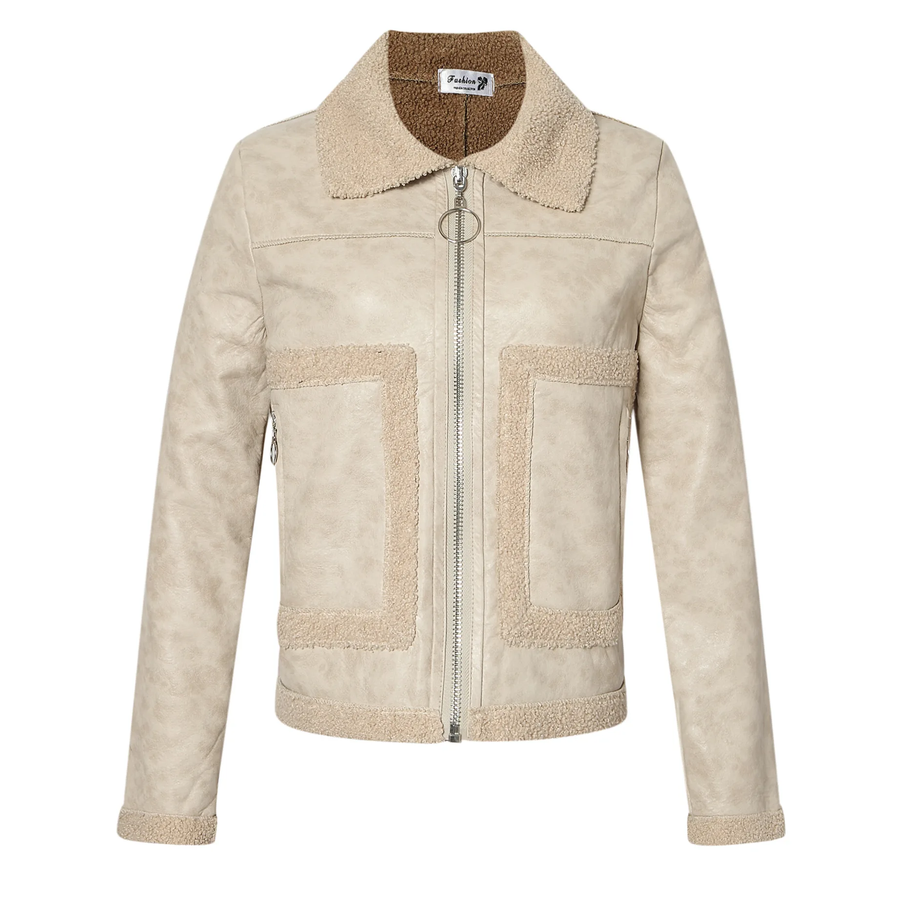 Women's PU Leather Jacket Short Cashmere Fashion Women's Leather Jacket Brown Thick Warm Lady Clothes Short Coat