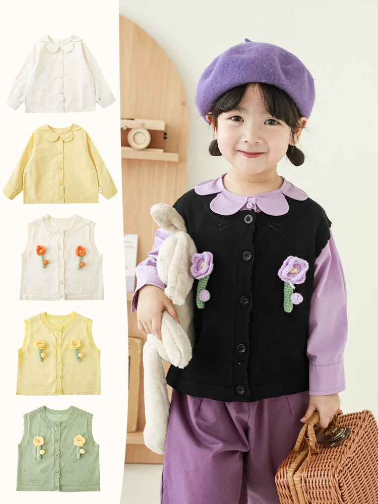 

Girls' Casual Doll Shirt 2023 Spring Lovely Handmade Flower Knitting Vest Versatile Suit