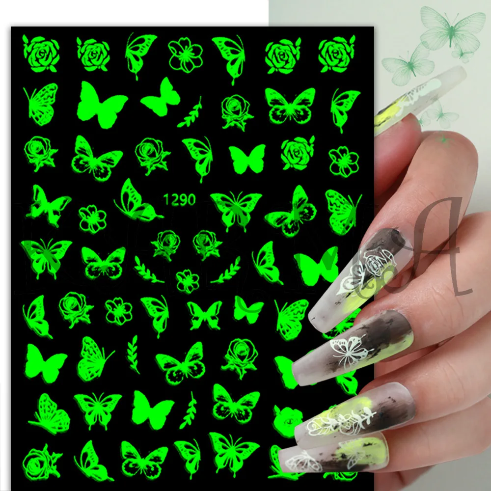 

Butterfly Flower Luminous Nail Sticker 3D Spring Fluorescent Cartoon Elf Daisy Leaf Luminous Nail Art Slider Diy