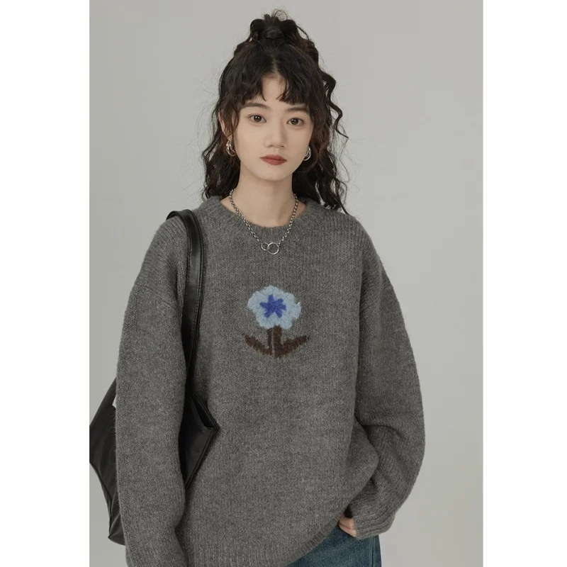 

Women's Clothes Grey Sweater Printing Fashion Vintage Leisure Loose Winter Female Thicken Warm Long Sleeve Knitting Pullover