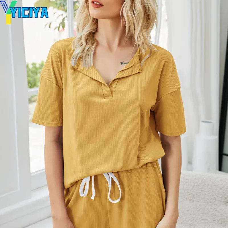 

YICIYA Summer Tracksuit Women V-neck Top Suit Casual Fashion Home Yellow Short Sleeved Shorts Casual Plus Size Two-piece Set
