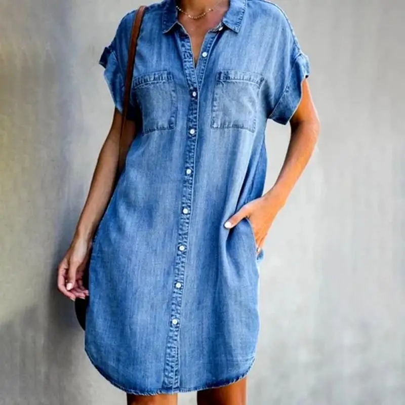 

Lapel Short Sleeve Slim Fit Dress Denim Lined Dress Dresses Women Dress for Women