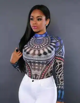 

Woman Long Sleeve Mesh See Through Bodysuit Tattoo geometric Printed O Neck Playsuit S-XL 2Color
