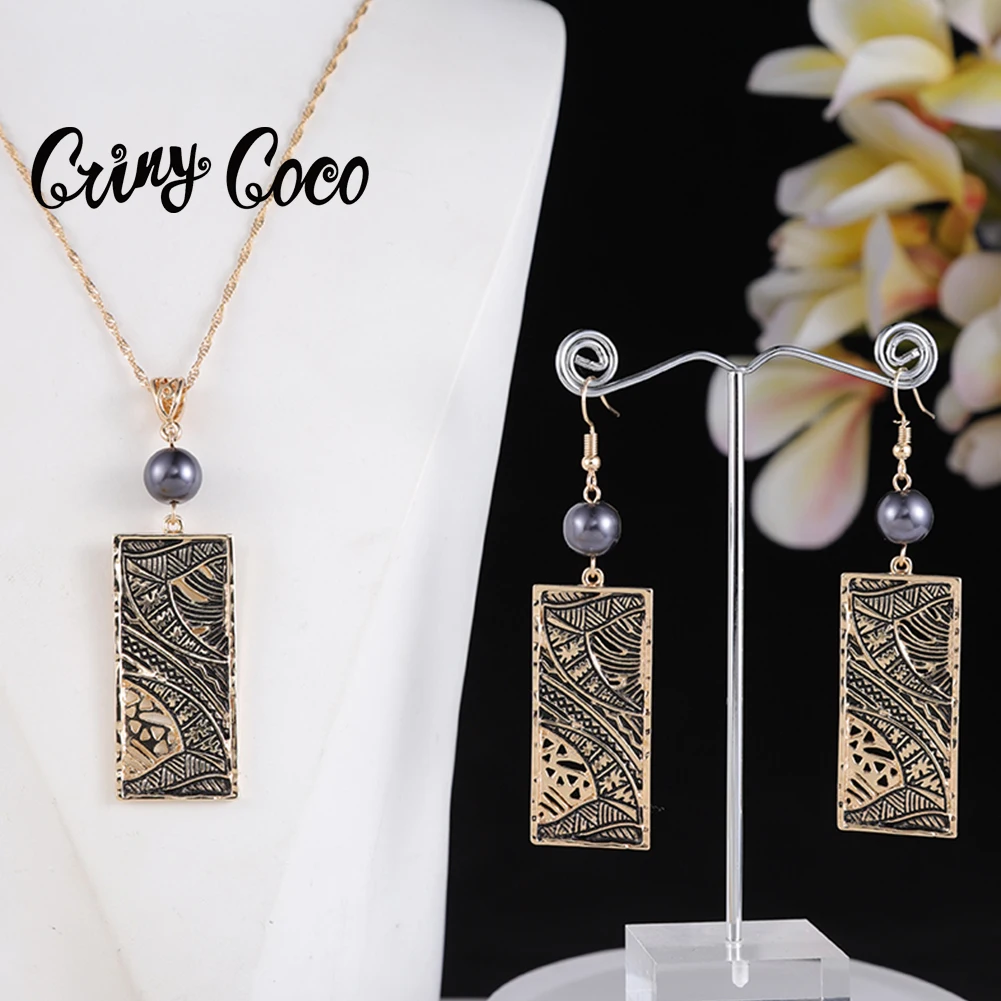 

Cring Coco Vintage Pearl Earrings Samoan Geometric Tribal tattoos Necklace Polynesian Wholesale Hawaiian Jewelry Sets for Women