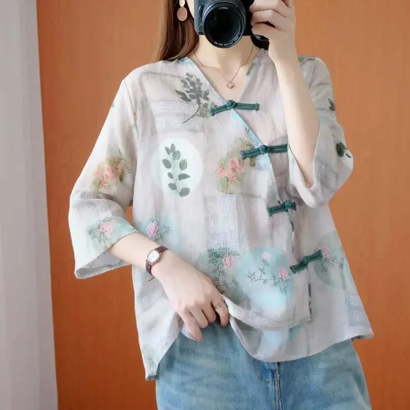 

Women retro loose casual blouse 2023 summer ethnic top with printed diagonal placket and V-neck irregular blouse female tops