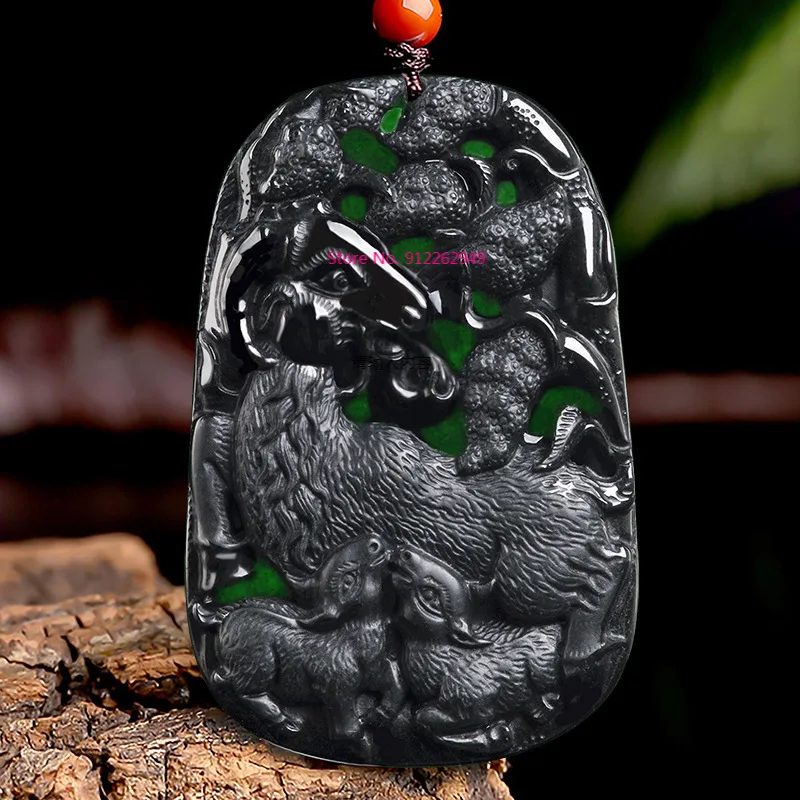 

Hot Selling Natural Hand-carve Ink Jade Zodiac Sheep Sanyang Kaitai Necklace Pendant Fashion Jewelry Men Women Luck Gifts