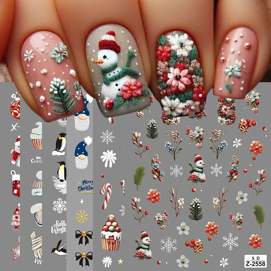 5D Тисненные Рождественские Наклейки Для Ногтей Красные Цветы Пряничный