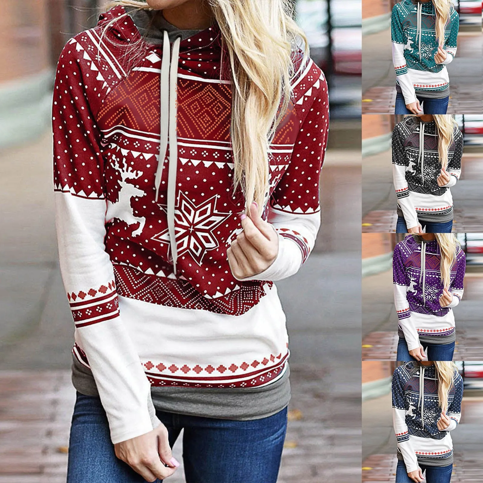 

Женский свитшот с капюшоном и принтом снежинок