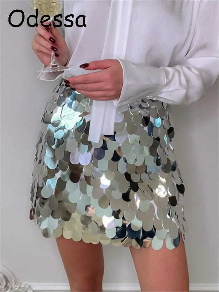

Odessa Sexy Wrap Y2K Glitter Skirt for Women 2022 Evening Party Night Club High Waisted Elegant Mini Sequins Pencil Skirt