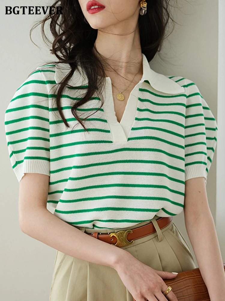 

BGTEEVER Casual Turn-down Collar Women Striped T-shirts Puff Sleeve Female Knitted Pullovers Tops 2022 Summer Ladies Tees