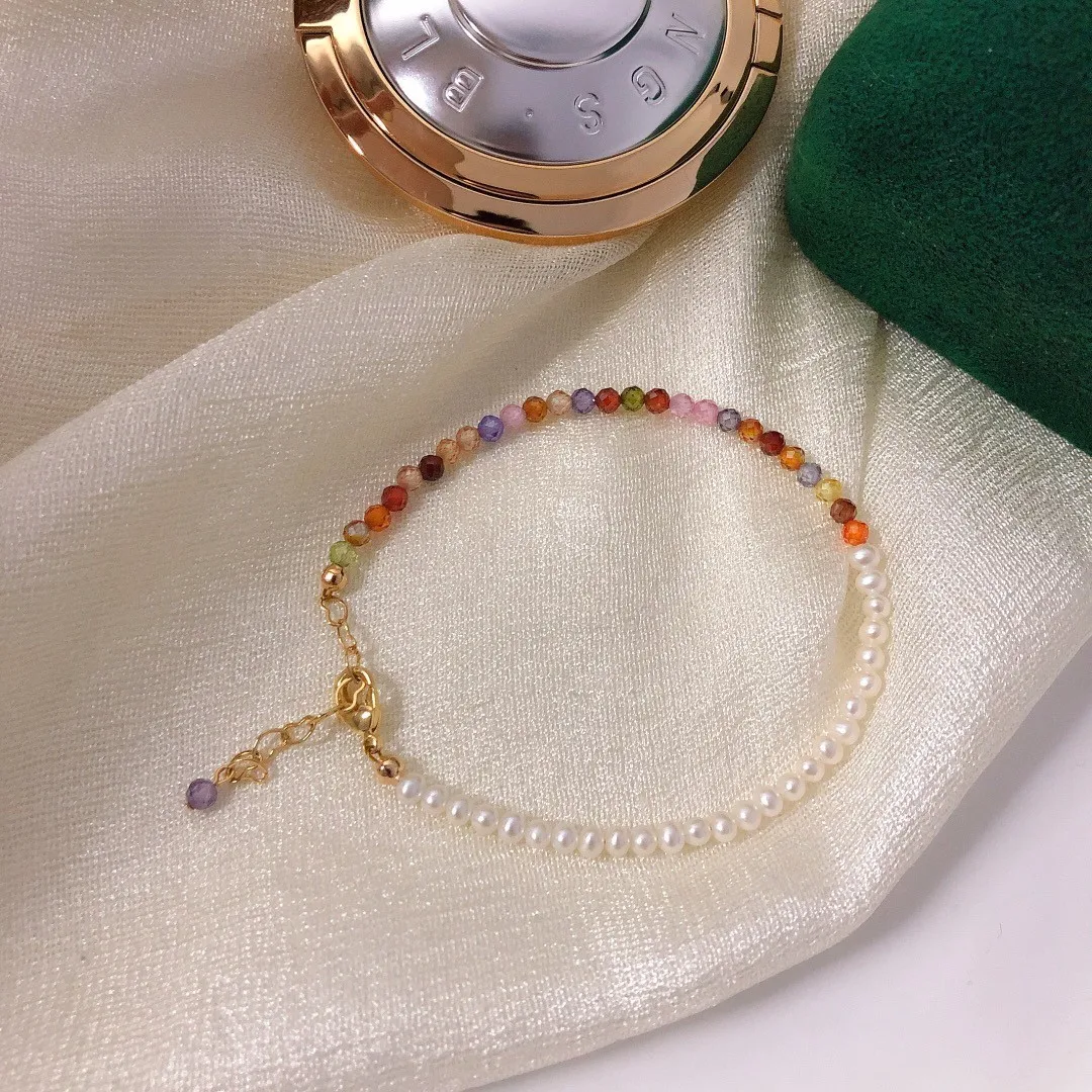 

Новое поступление, Модный женский браслет с натуральным пресноводным жемчугом и цветным цирконом, позолоченный 14 карат, очаровательный браслет, ювелирные изделия для женщин, подарки
