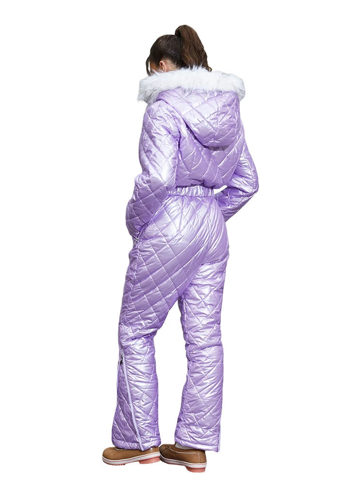 One Piece Ski Suit Women Zip Up Puffer Jacket Cotton Padded Winter Parka Warm Outerwear Snowsuit Elastic Waist Slim Fit Jumpsuit
