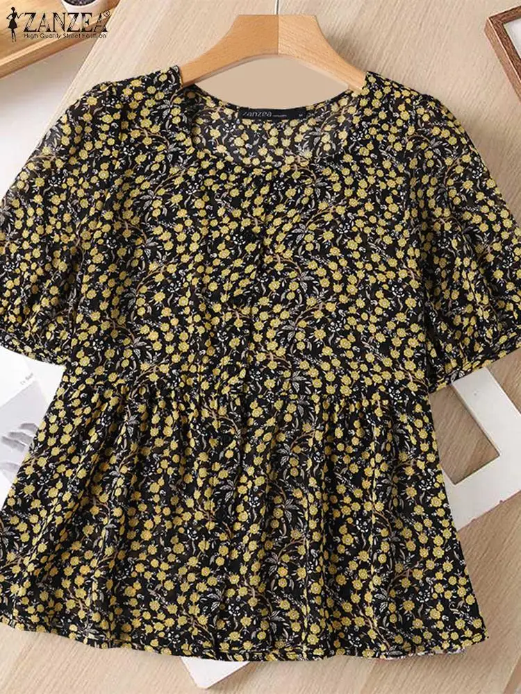 

ZANZEA Vintage Printing Doll Shirts 2023 Summer Square Collar Cropped Tops Holiday Short Sleeve Blouses Casual Loose OL Tunics
