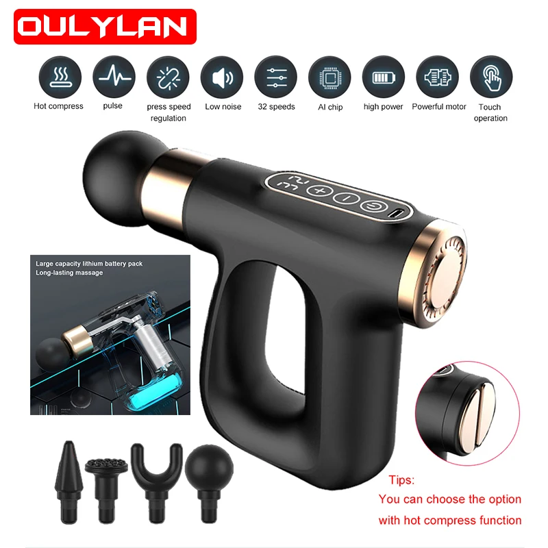 

Oulylan Electric Pulse Massage Gun Hot Compress Massager LCD Display Fascia Gun Muscle Relaxation Body Pain Relief Neck Back