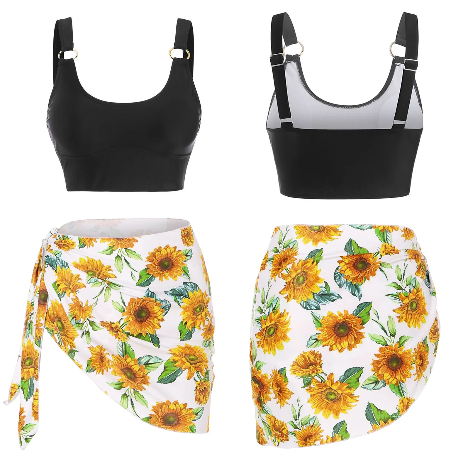 

Padded Swimwear Three Pieces Tankini Swimsuit Wrap Skirt Bikinis High Waisted Ruched O Ring Sunflower Print Women Bathing Suit