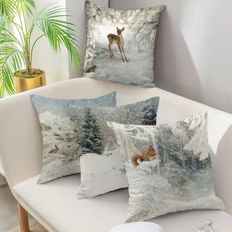 

Merry Christmas Pillow Case Xmas Deer In Snow Forest Picture Cushion Cover For Home Sofa Decor Short Plush Pillowcases