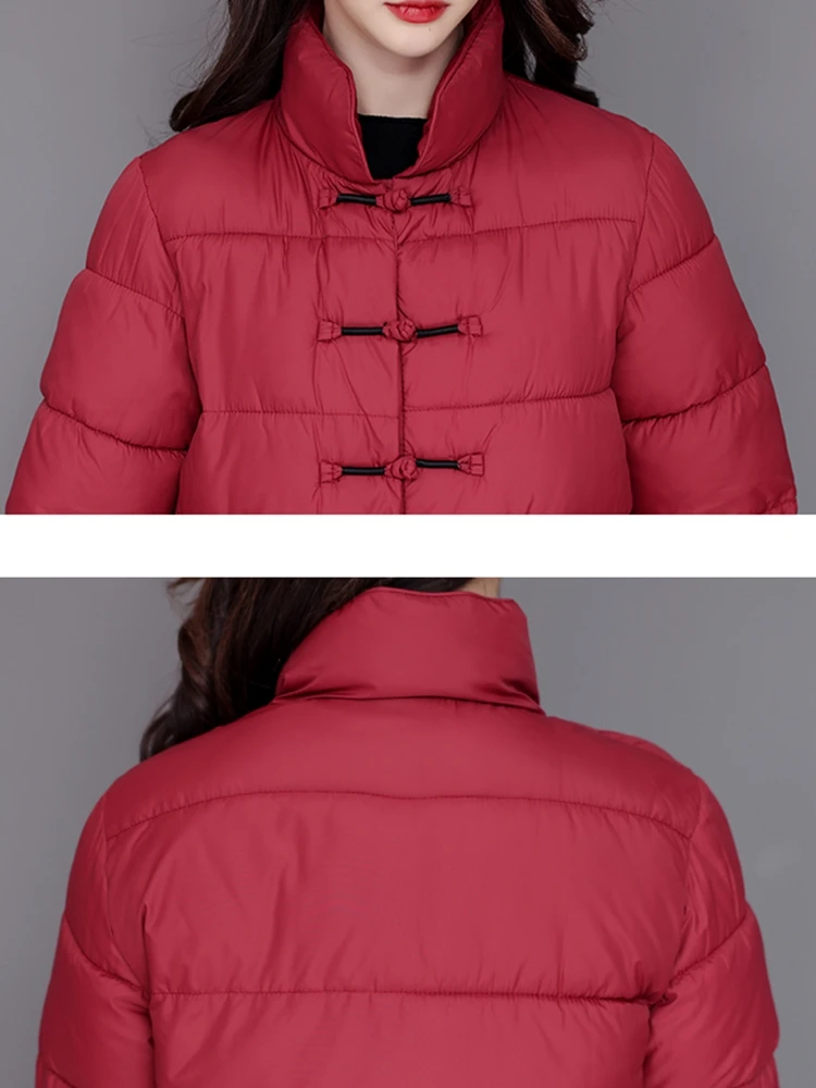 Retro Fashion Ethnic Style Down Jacket Women Vintage Buckle Winter Parkas Padded Jackets Warm Cotton Coat 2023 Puffer Jackets